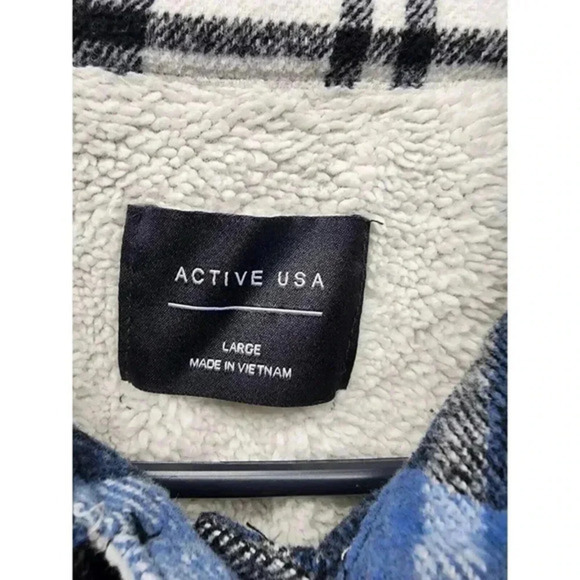 Active USA Blue Black White Plaid Sherpa Lined Shacket Women’s Size L Wool Blend - Picture 3 of 10